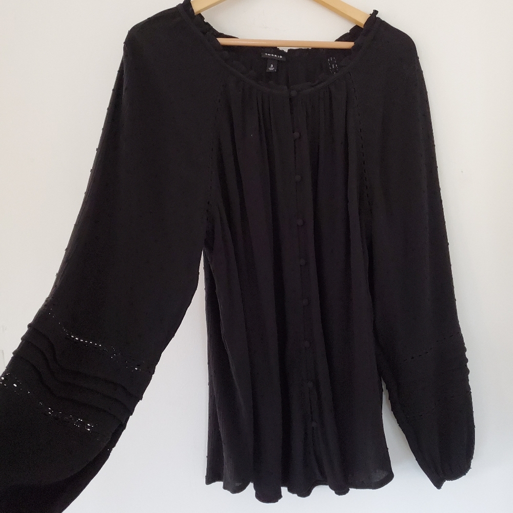 TORRID Sz 3/US 3X Black Dobby Gauze LS Blouse Button Up Crochet Ruffle 2023 EUC - Picture 12 of 12
